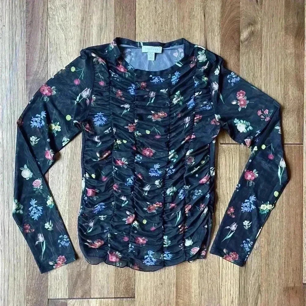 Topshop Floral Ruched Mesh Long Sleeve Top Sz Women’s 4/6 Goth Fairy Whimsigoth‎